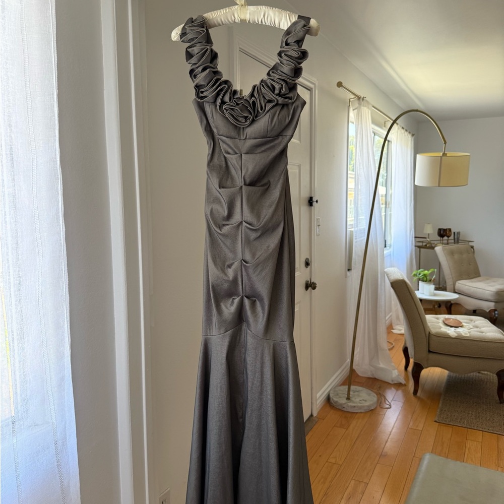 Elegant Gray Ruffled Halter Evening Gown -  Cache